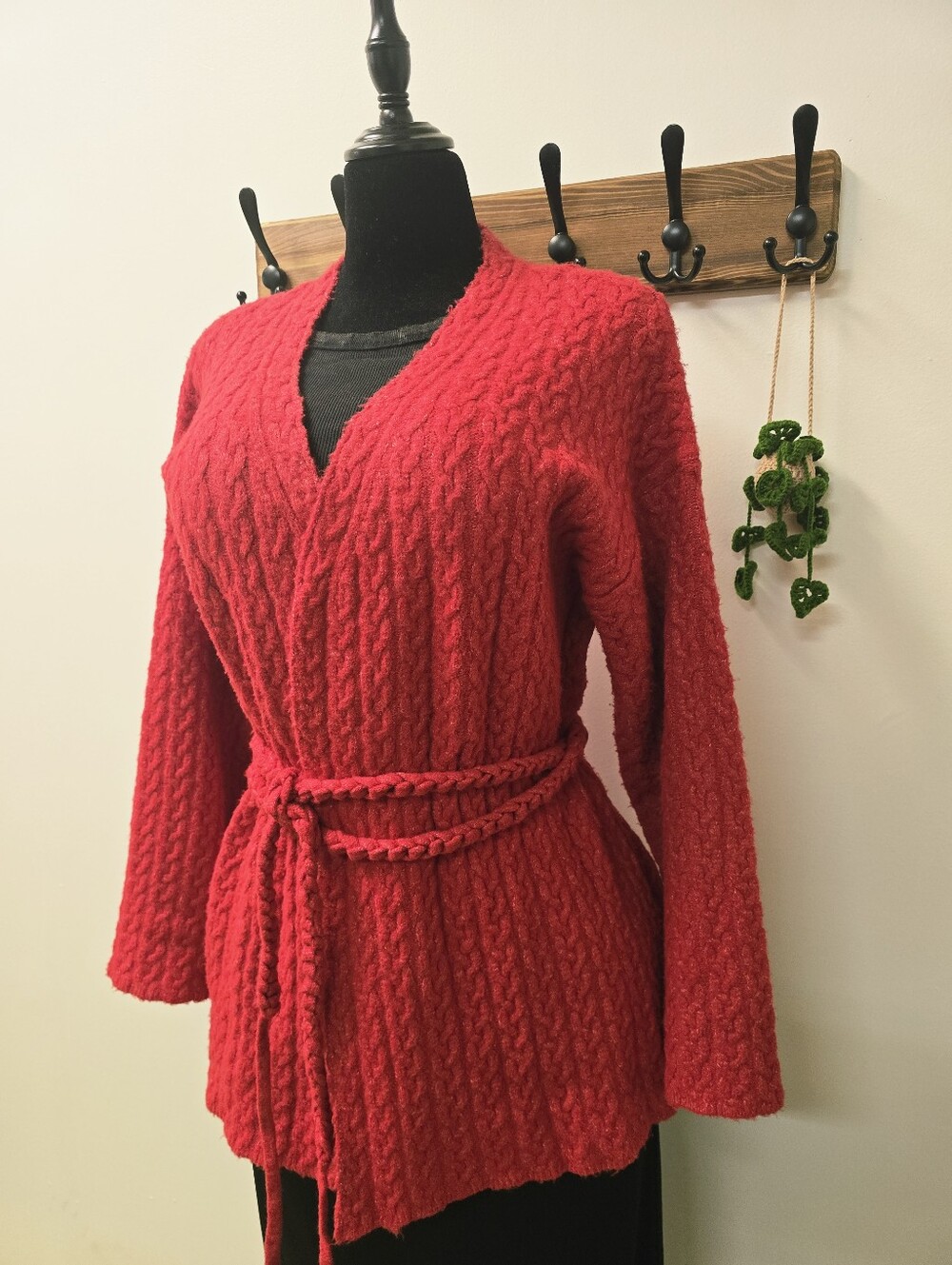POL Red Cable Knit Textured Braided Belt Cardigan